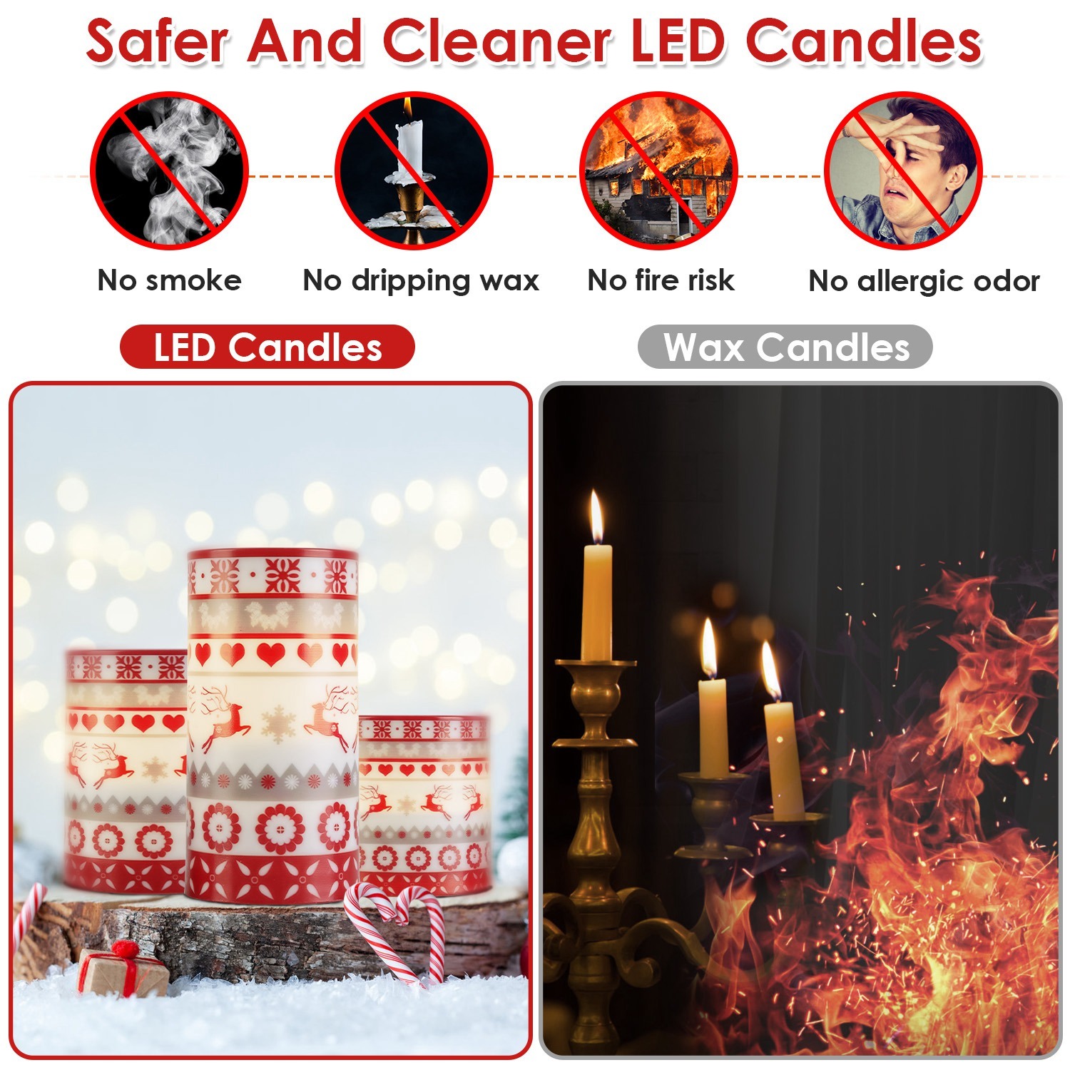 3Pack Christmas Flameless LED Pillar Candles Deer Flickering Lights w/ Remote Timer 3 Modes - Image 2