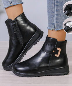 Winter Fleece Boots With Side Zipper Design Fashion Simple Non-slip Ankle Boots For Women Warm Pu Leather Shoes