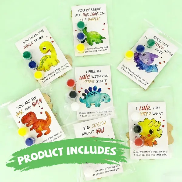 28PCS Valentine’s Day Cards for Kids w/ Dinosaur Wood Painting Craft Kit Classroom Exchange Gifts - Image 3