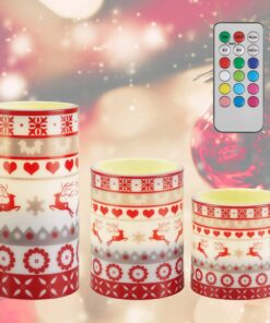 3Pack Christmas Flameless LED Pillar Candles Deer Flickering Lights w/ Remote Timer 3 Modes