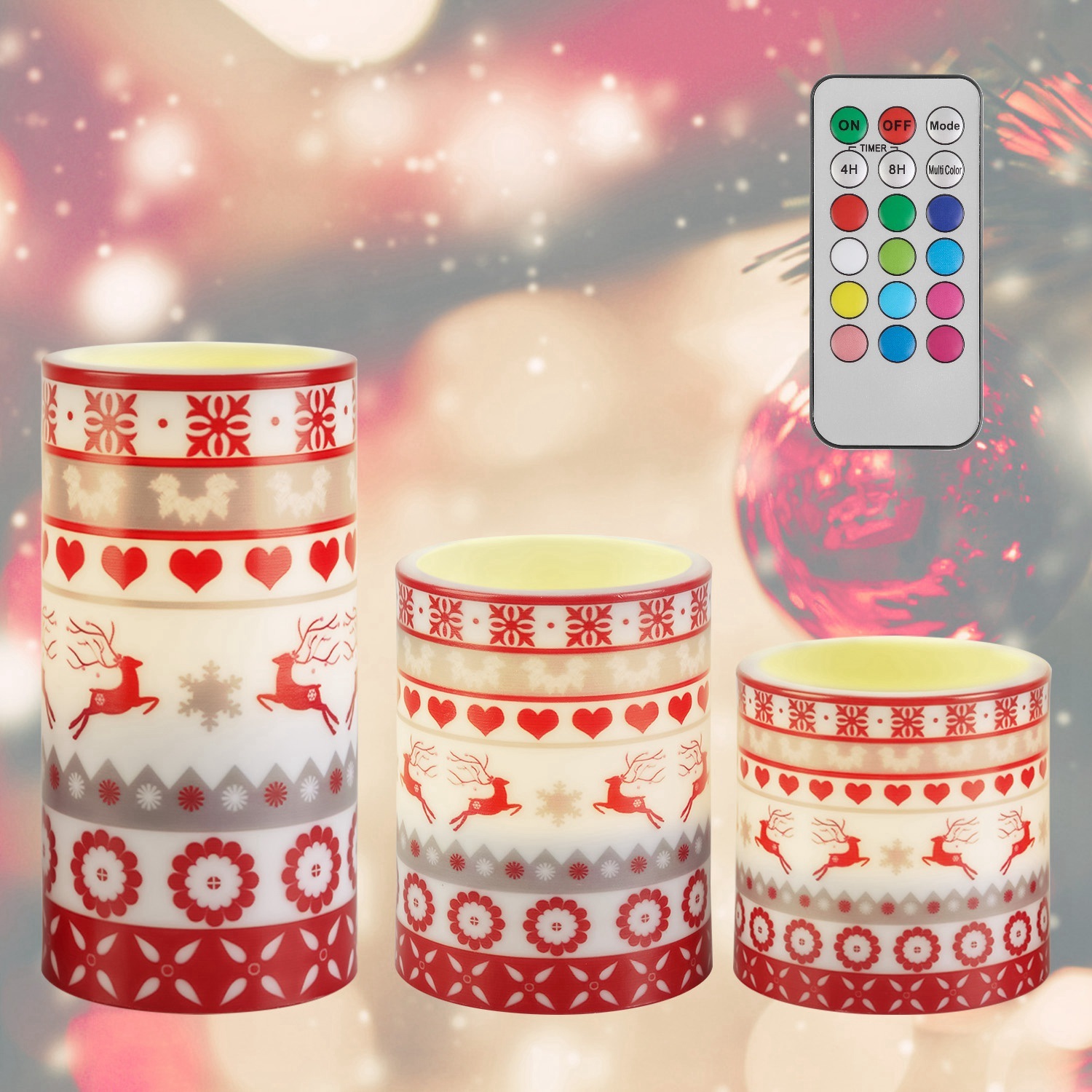 3Pack Christmas Flameless LED Pillar Candles Deer Flickering Lights w/ Remote Timer 3 Modes
