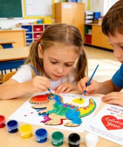 28PCS Valentine’s Day Cards for Kids w/ Dinosaur Wood Painting Craft Kit Classroom Exchange Gifts