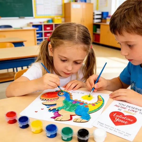 28PCS Valentine’s Day Cards for Kids w/ Dinosaur Wood Painting Craft Kit Classroom Exchange Gifts