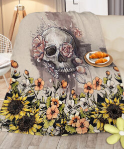 Rustic Skull Sunflower Flannel Fleece Blanket – Soft Plush Throw for Bed, Sofa, Chair, Car | Cozy Floral Skull Blanket 75x100cm, 130x150cm, 150x200cm