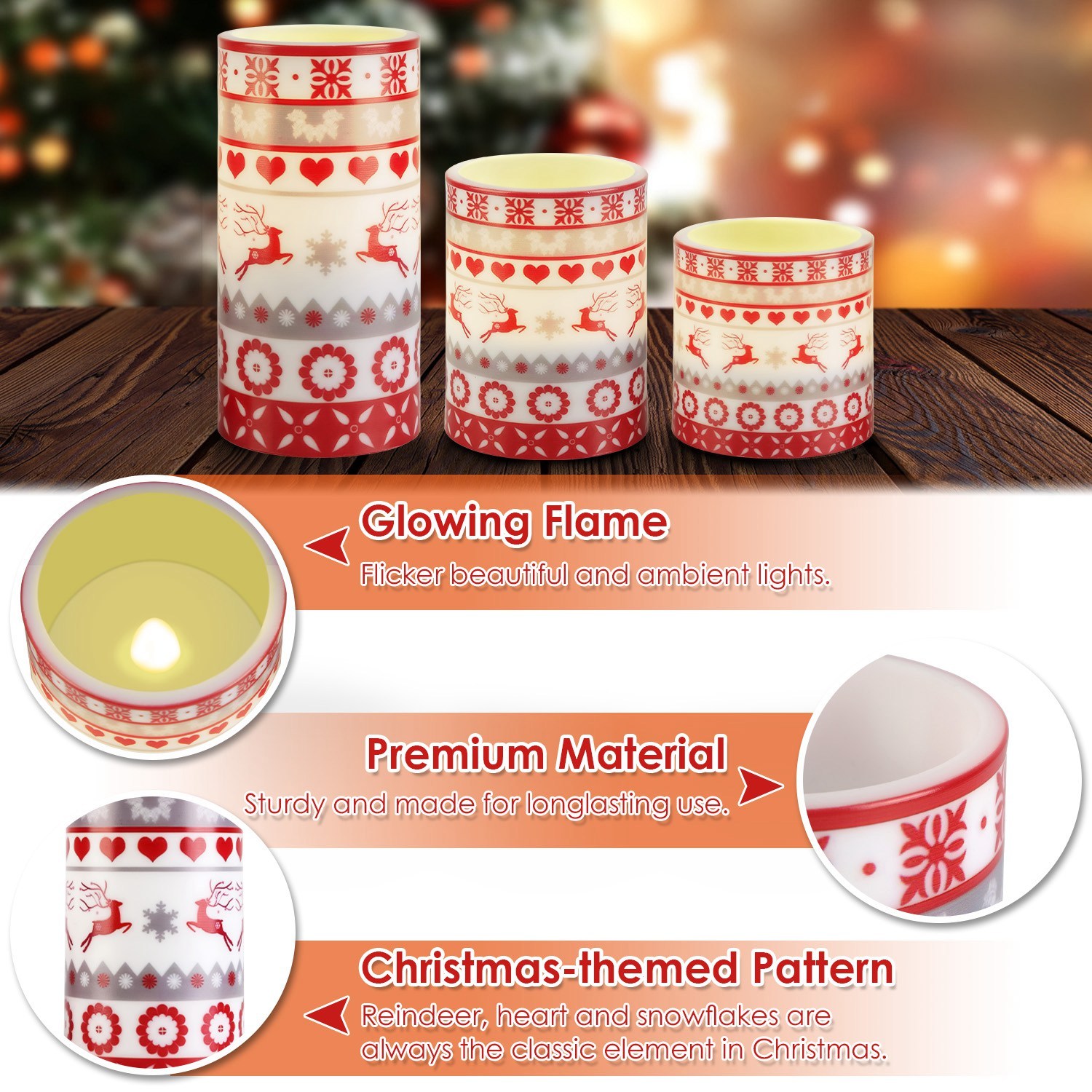 3Pack Christmas Flameless LED Pillar Candles Deer Flickering Lights w/ Remote Timer 3 Modes - Image 7