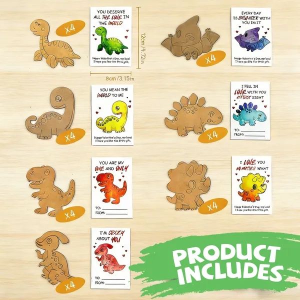 28PCS Valentine’s Day Cards for Kids w/ Dinosaur Wood Painting Craft Kit Classroom Exchange Gifts - Image 4