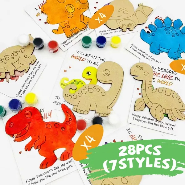 28PCS Valentine’s Day Cards for Kids w/ Dinosaur Wood Painting Craft Kit Classroom Exchange Gifts - Image 2